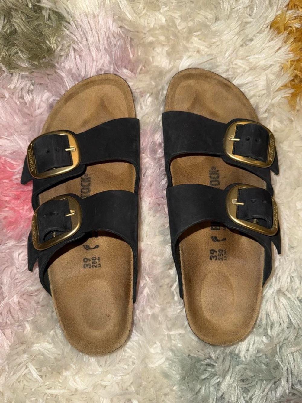 Birkenstock Black Two-Strap Sandals with Gold Buckles
